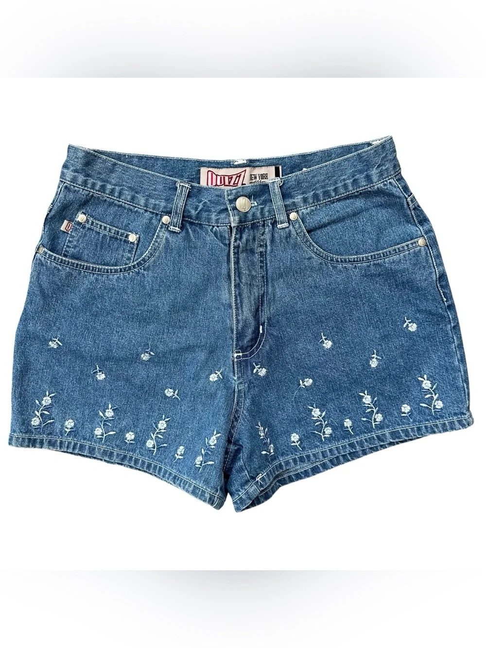 Vintage 90s Medium Wash High Rise White Floral Embroidered Denim Shorts Size 7/8